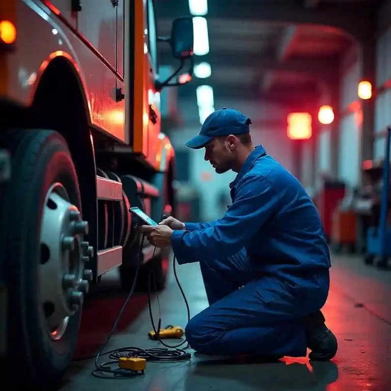 Mechanic inspecting an engine control module inside a truck, focused on detailed electronic components in a well-lit garage.