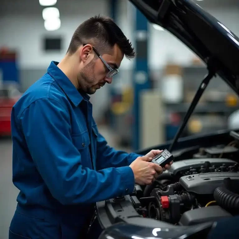 Close-up of an engine control module being repaired by a mechanic in a blue uniform, surrounded by tools in an auto repair shop