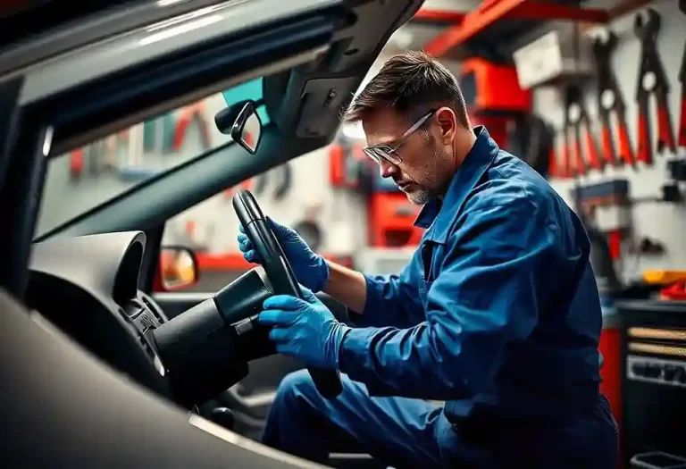 Mechanic in blue outfit repairs car steering column in well-lit garage with tools on the wall.