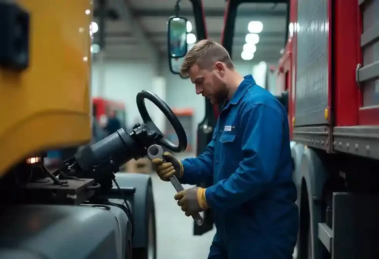 Mechanic in blue outfit works on truck steering column in open repair shop with other vehicles around.