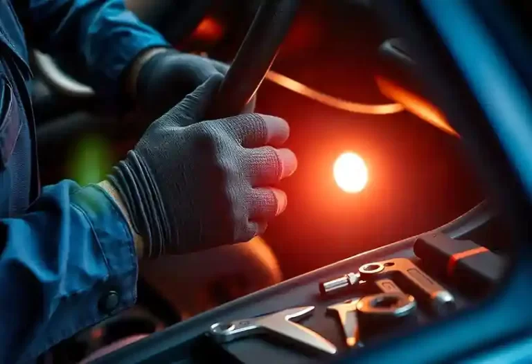 Close-up of mechanic’s gloved hands adjusting car steering column, surrounded by tools on the seat.