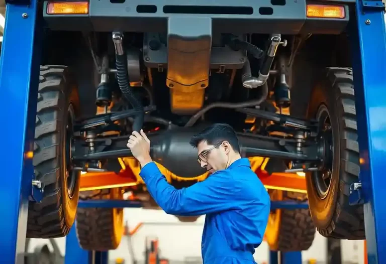 Mechanic in blue jumpsuit repairs steering column under truck on a hydraulic lift, focusing on dashboard area.