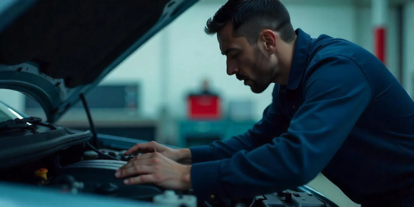 Mechanics inspecting used automotive parts in a clean salvage yard with a variety of car components.