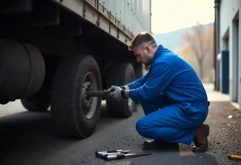 Mechanic in blue jumpsuit lying under a lifted truck, tightening bolts on the drive shaft in a well-lit garage. Tools are spread around, showcasing a realistic repair scene.