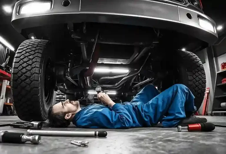 Close-up of a mechanic in blue work clothes, focused on adjusting bolts on a car's drive shaft. The mechanic’s gloved hands hold tools, with the car’s underside in the background.