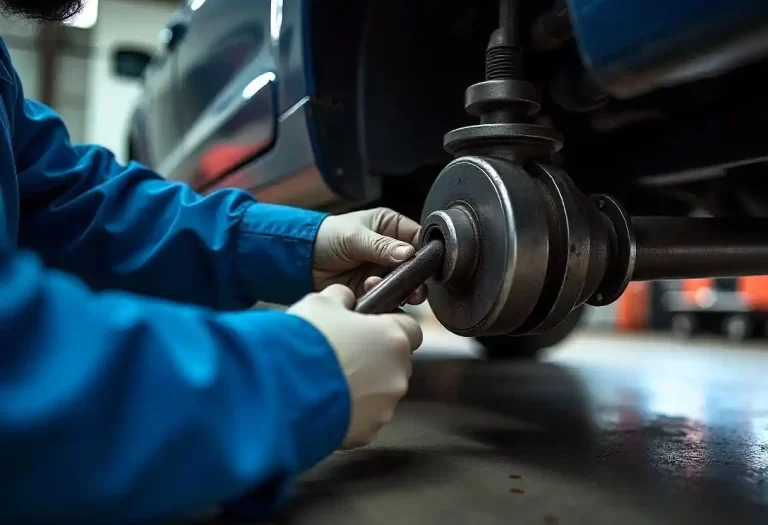 Mechanic in blue uniform repairing a truck's drive shaft outdoors near a garage, crouching with tools on gravel. The truck is partially lifted, showing mechanical components in bright daylight.