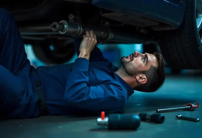 Mechanic in blue outfit lying on a creeper under a car, reaching up to repair the drive shaft in a brightly lit workshop with scattered tools around.