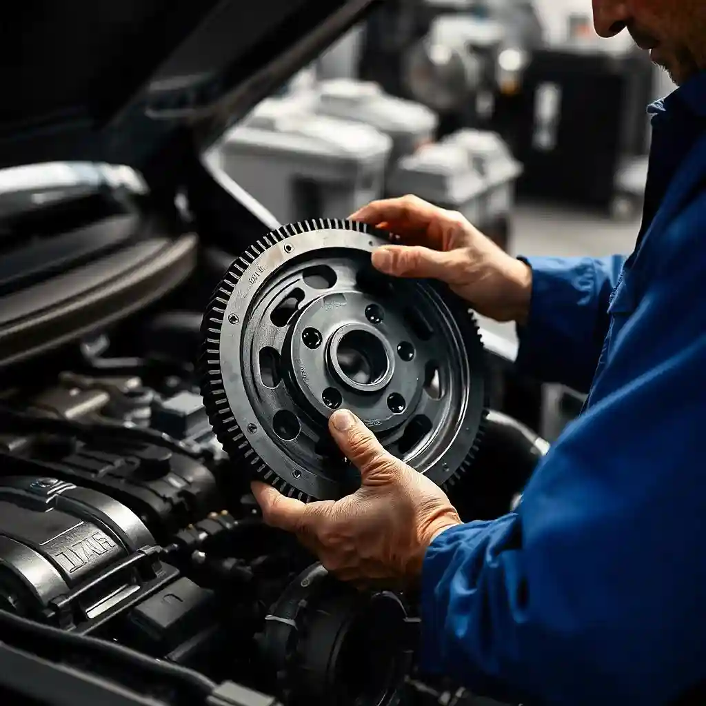 Close-up of a mechanic's hands aligning a flywheel for installation, surrounded by various automotive tools and parts in a professional workshop.