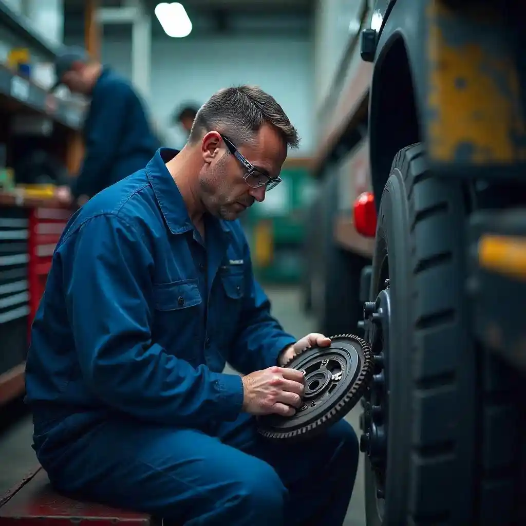 Mechanic in a blue jumpsuit carefully installing a flywheel on a car engine in a well-lit auto repair shop, with tools and engine components visible.