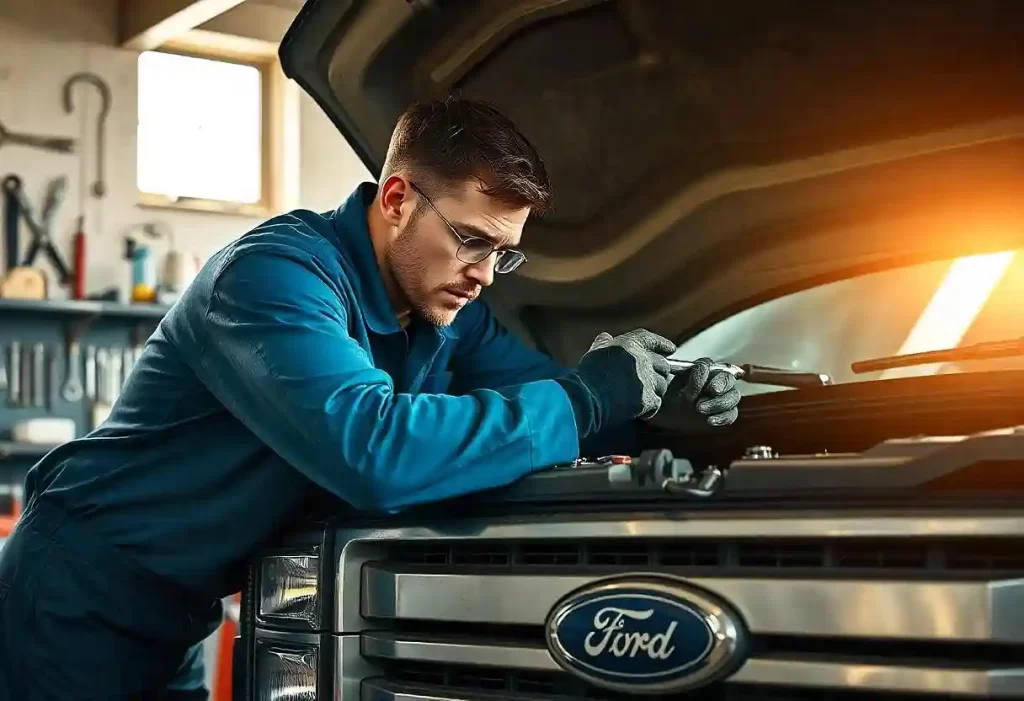 A mechanic's hands adjusting a rebuilt transmission on a vehicle in the garage.