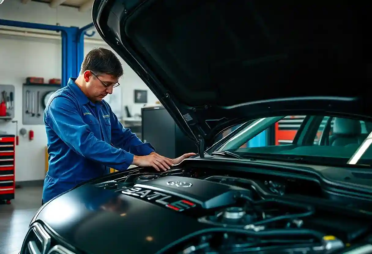 mechanic repairing used Subaru engine in garage